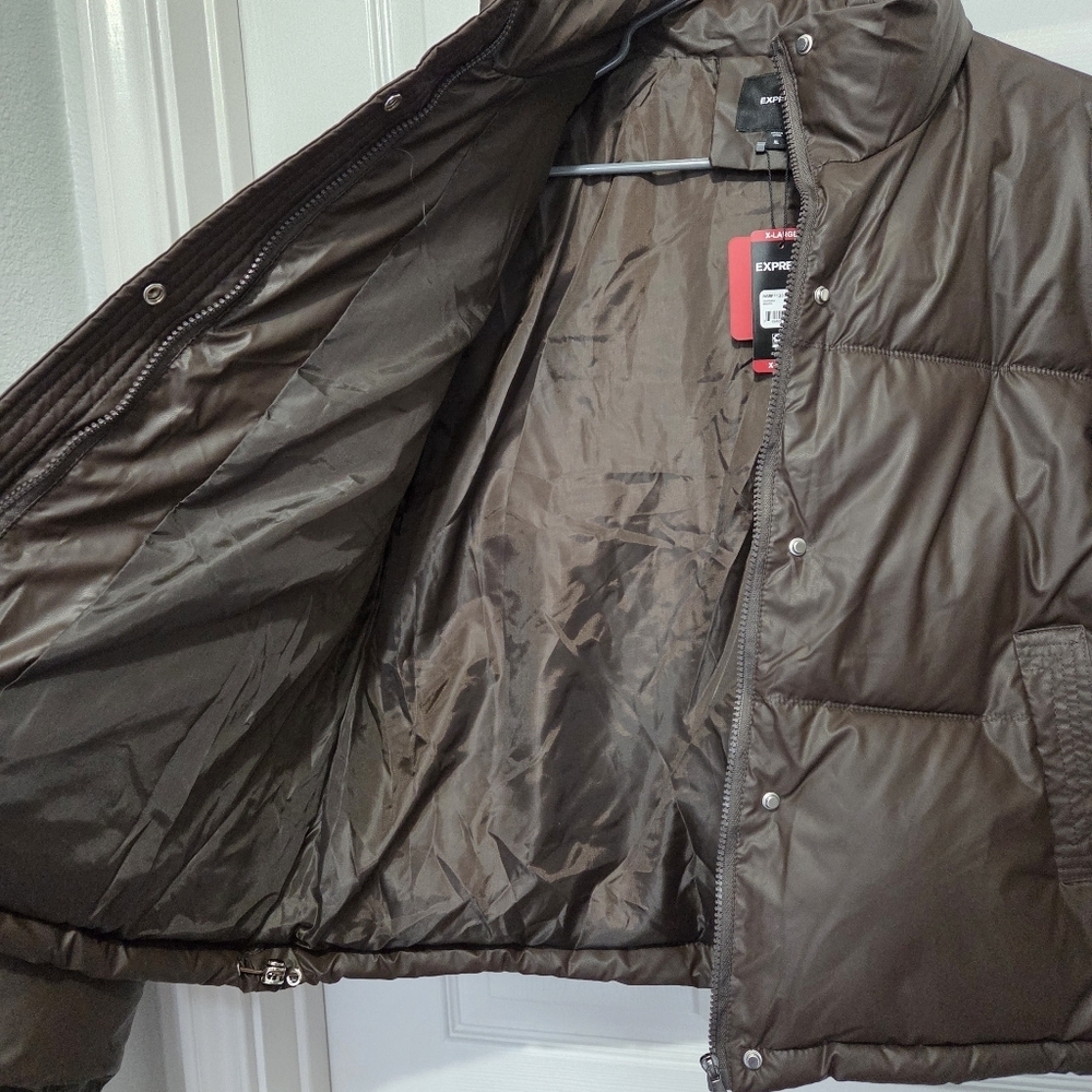 Express Women Brown Vegan Leather Cropped Puffer Jacket Size XL - Picture 14 of 15